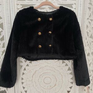 Old money style Faux Fur crop Jacket with Gold Buttons